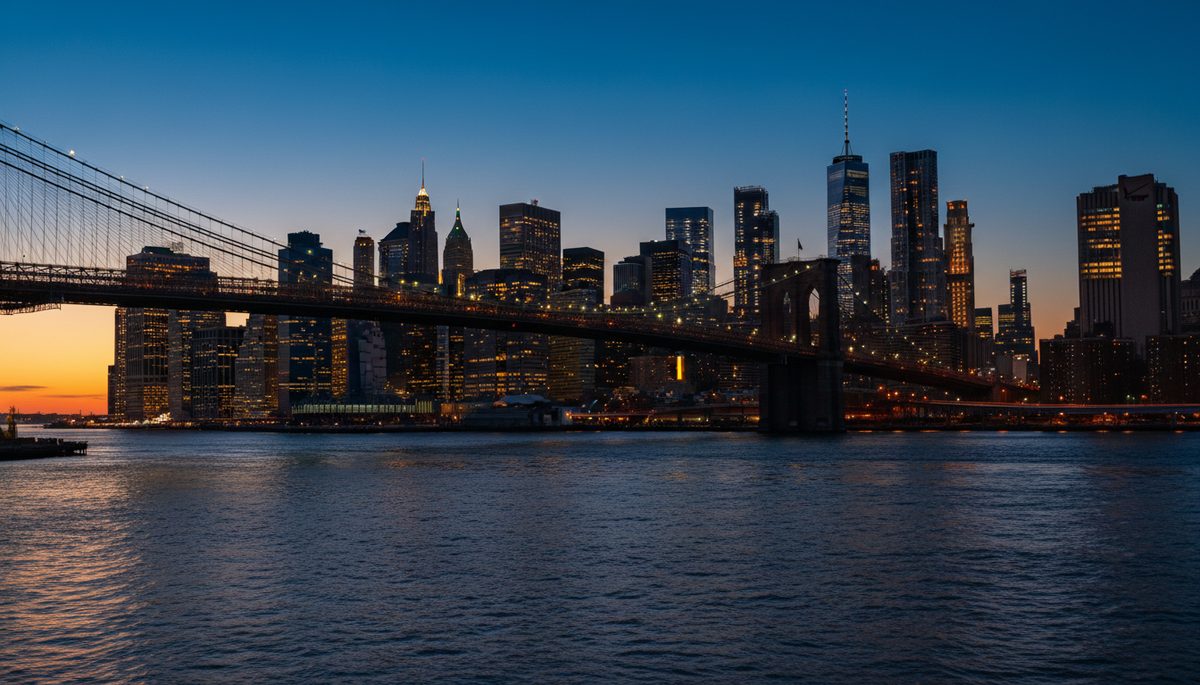The New York City skyline at twilight from across the East River with warm window-light glow on midtown towers and a steel suspension-bridge silhouette in the foreground.